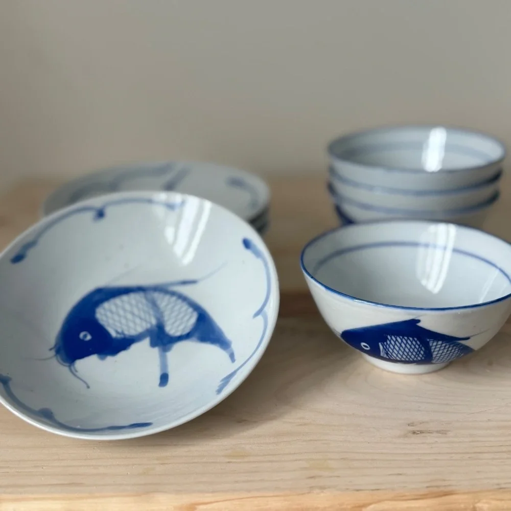 Vintage Chinese Porcelain Blue Fish Bowl & Plate Set of 4 Made in China